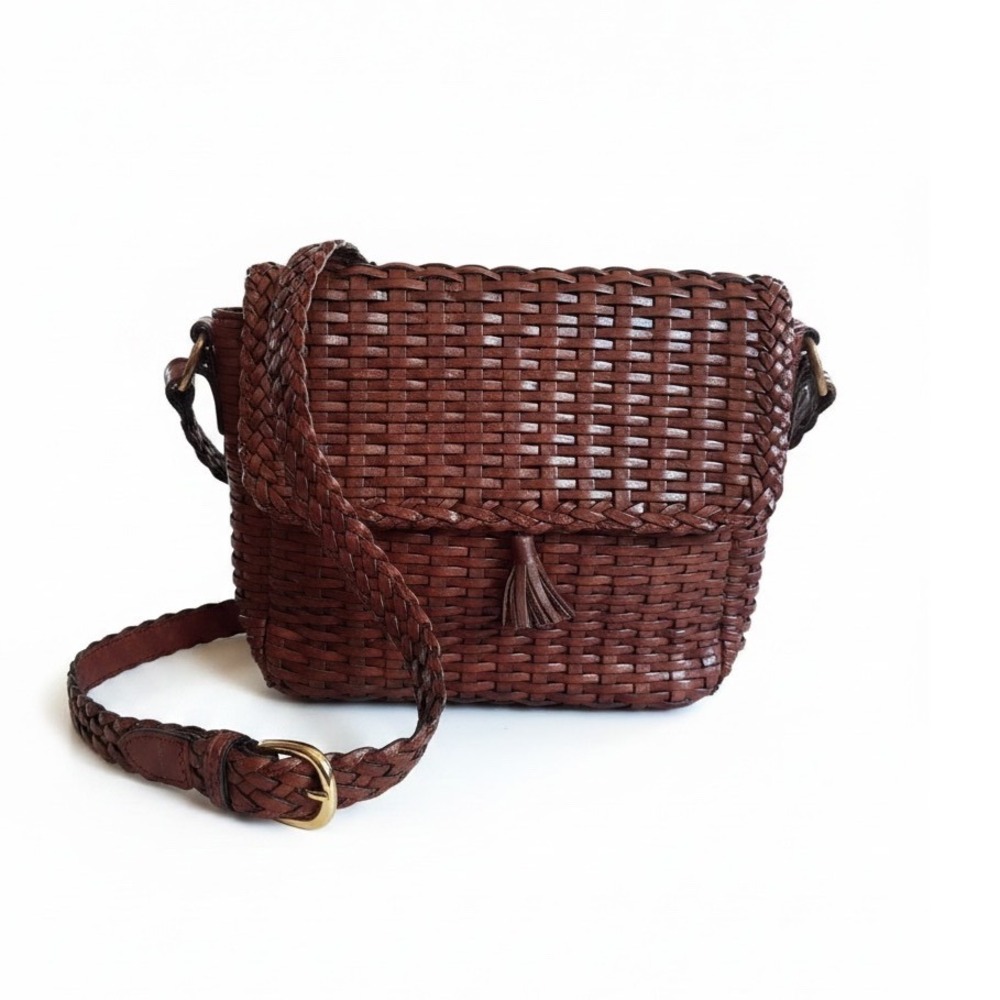 Talbots Bag Small Brown Woven Leather Tassel Flap Boho Classic Old Money